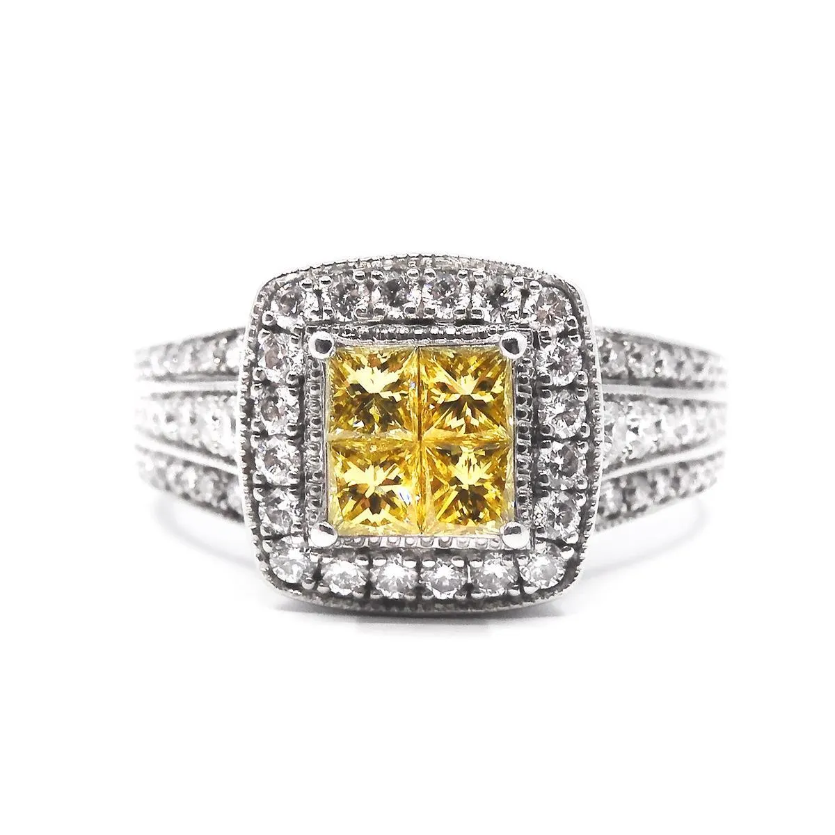 0.52 Princess Cut Yellow Diamond Cluster Ring | Pre-Loved | 14K White Gold