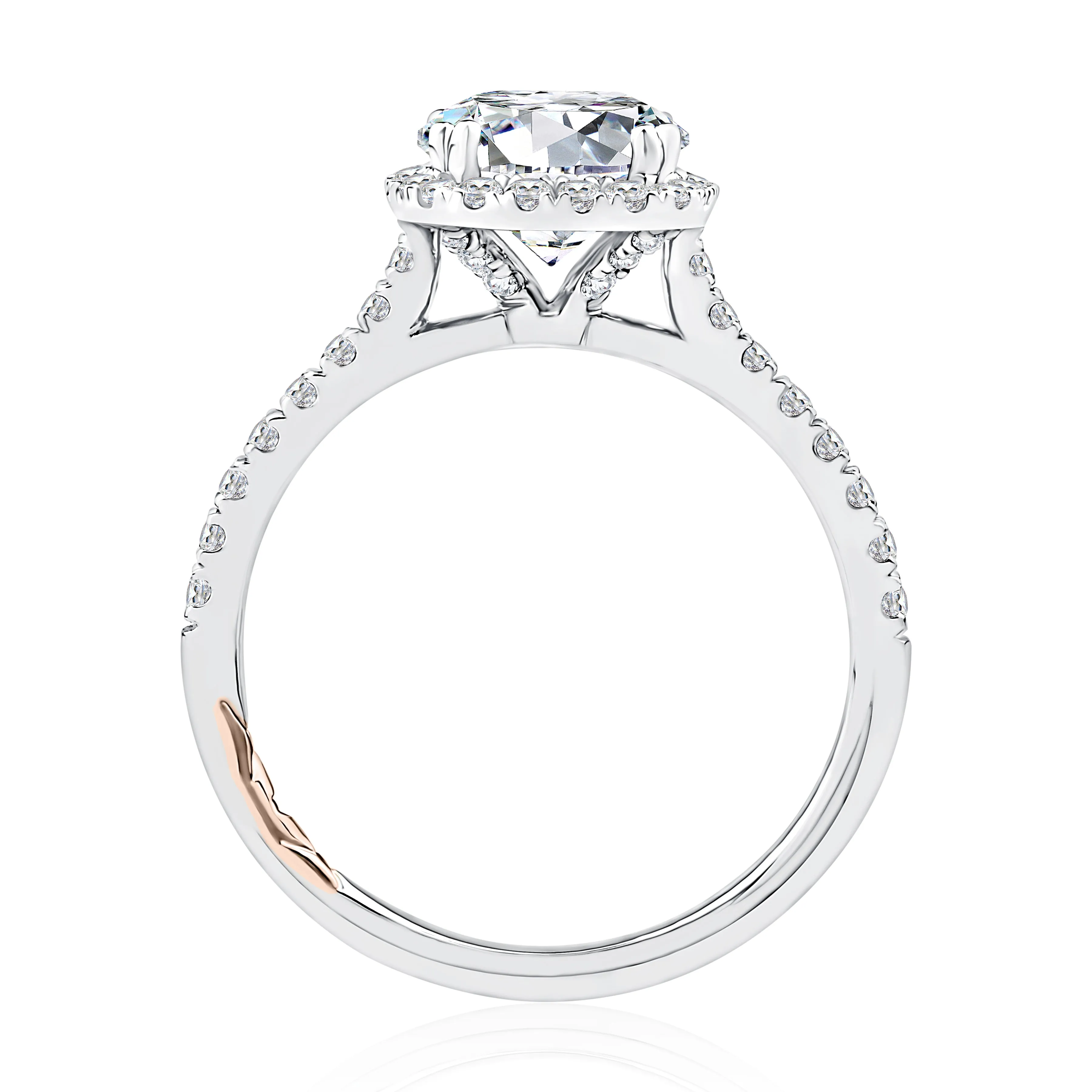 14k Cushion Halo Round Diamond Engagement Ring with Pavé Band