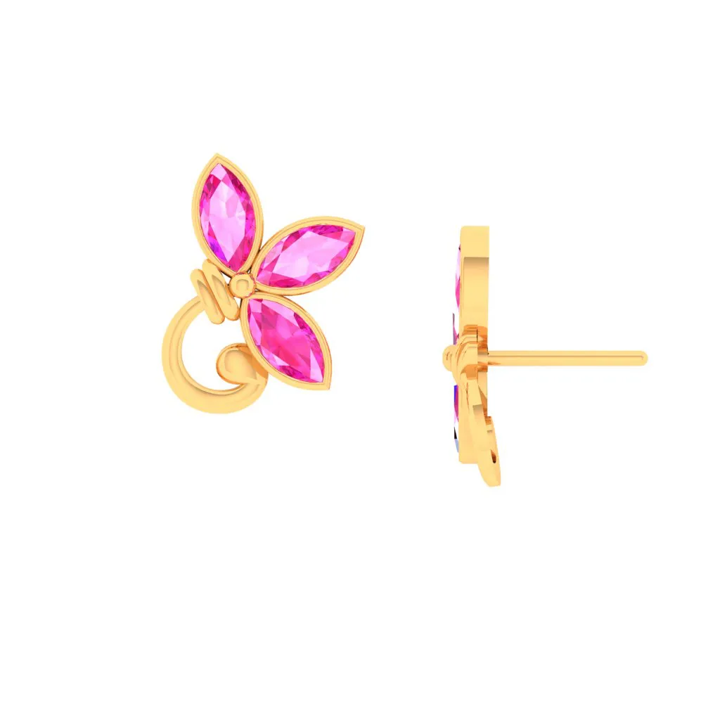 14k Gold Earrings With Petal Shaped Motifs And Pink Stones