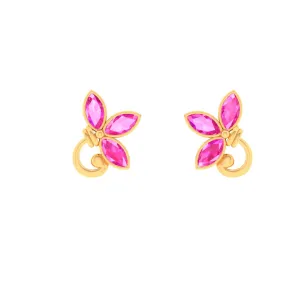 14k Gold Earrings With Petal Shaped Motifs And Pink Stones