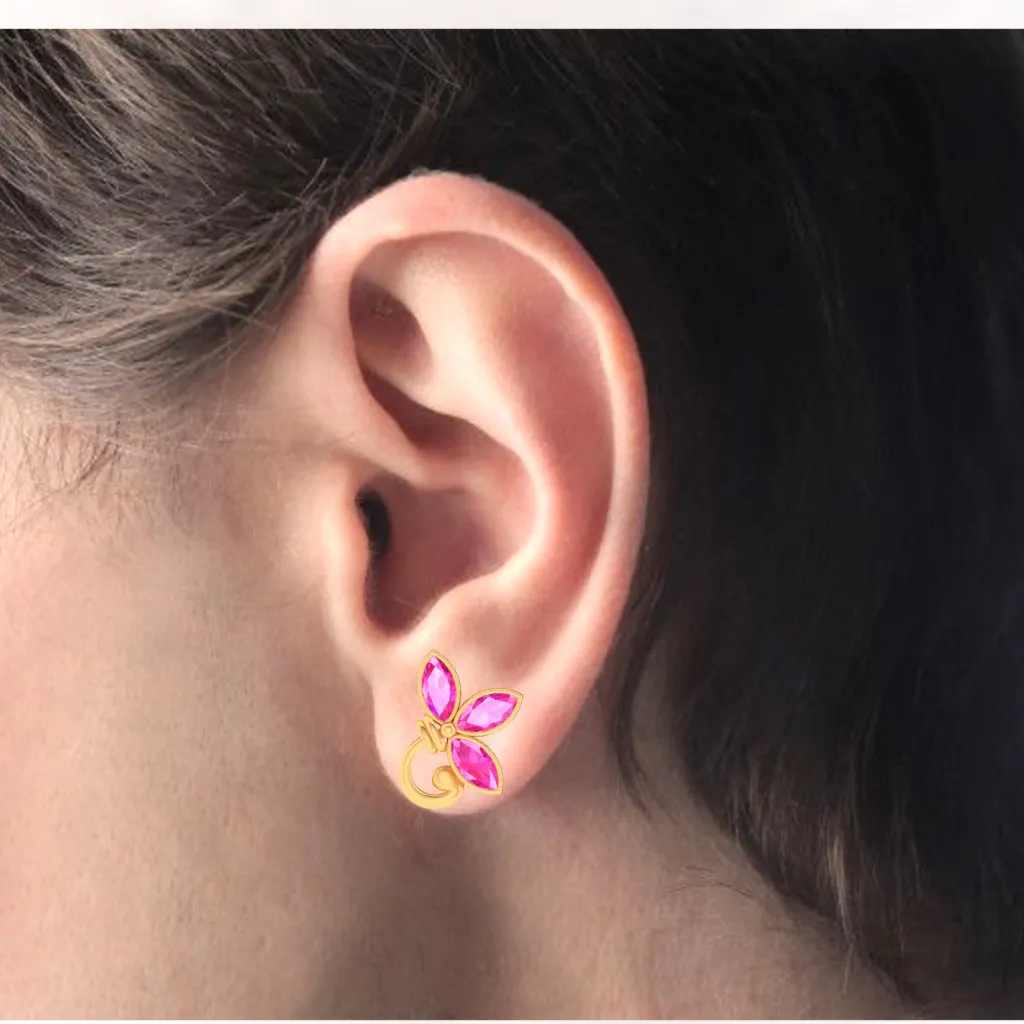 14k Gold Earrings With Petal Shaped Motifs And Pink Stones