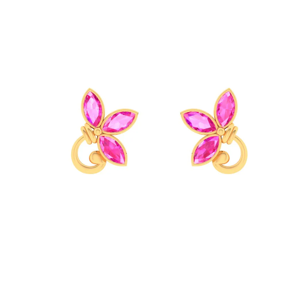 14k Gold Earrings With Petal Shaped Motifs And Pink Stones