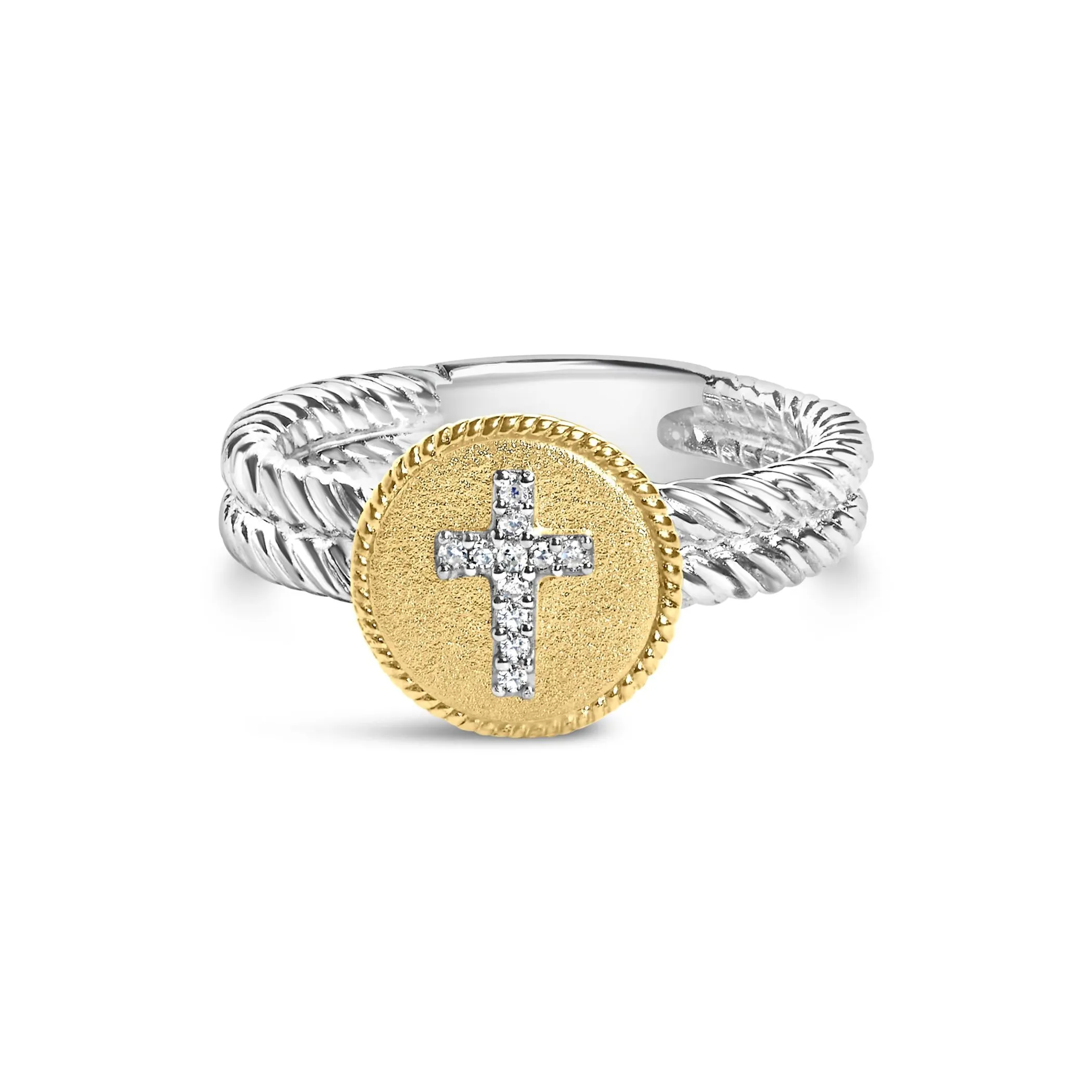 18K Yellow Gold Plated .925 Sterling Silver Diamond Cross Ring with Satin Finish (I-J Color, SI1-SI2 Clarity)