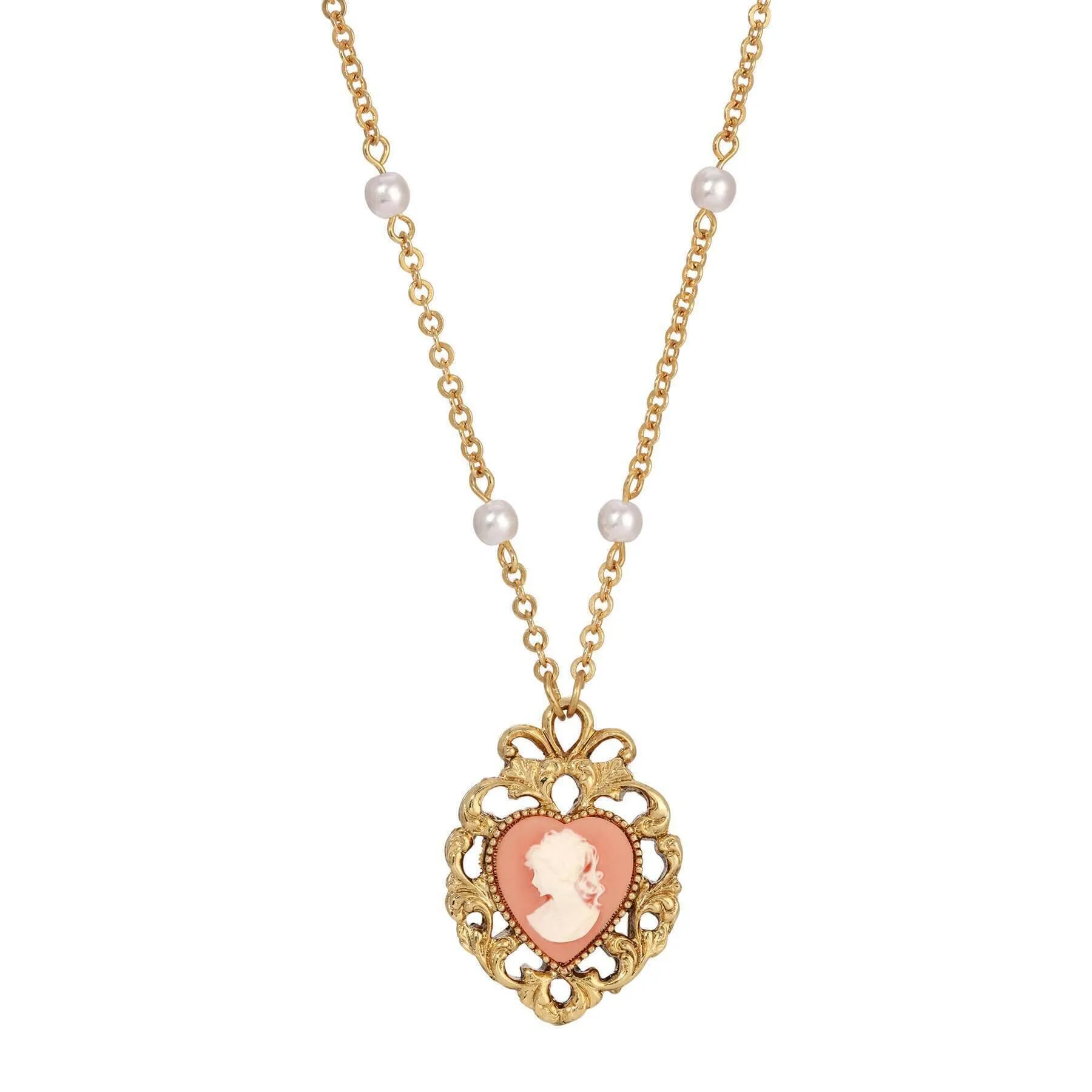 1928 Jewelry Pink Cameo Heart Pendant Faux Pearl Necklace 24"L