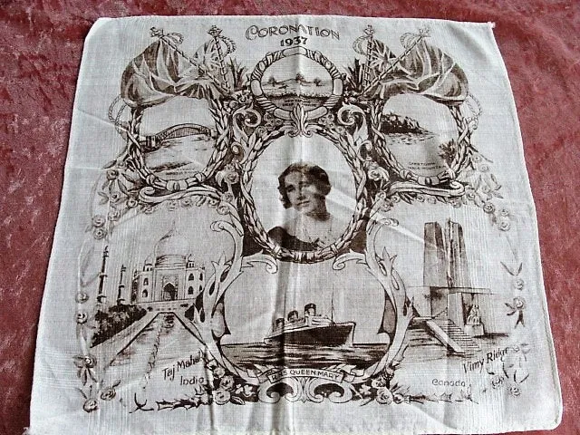 1937 CORONATION Handkerchief Queen Elizabeth Queen Mother,Royalty Souvenir Hanky,English Royal Memorabilia,RARE Collectible Royalty Item