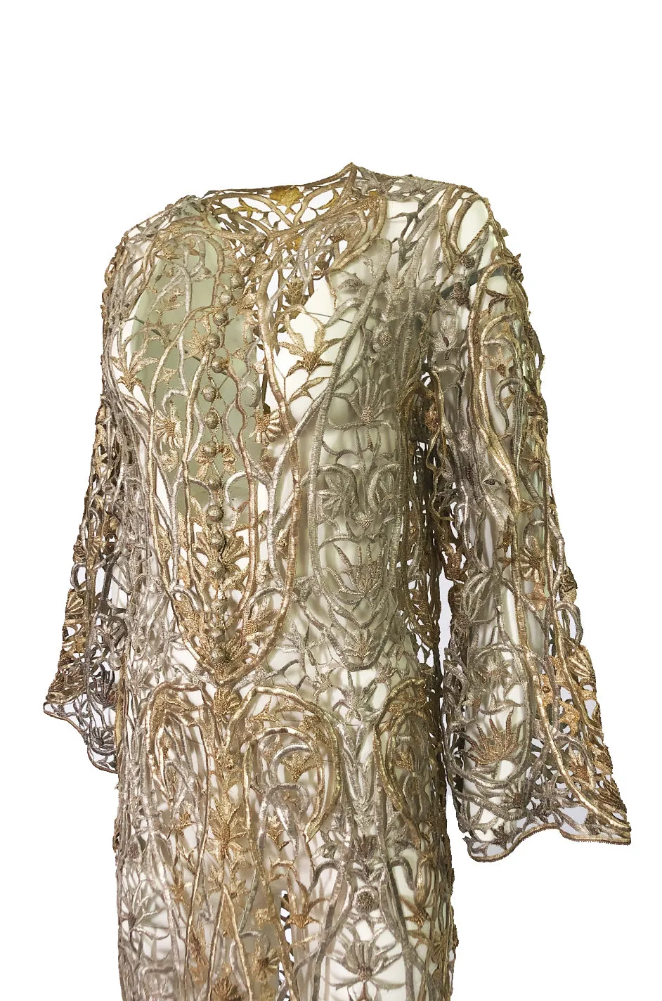 1960s Unlabeled Couture Heavy Metallic Gold & Silver Thread Caftan