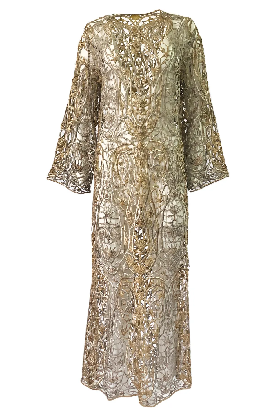 1960s Unlabeled Couture Heavy Metallic Gold & Silver Thread Caftan