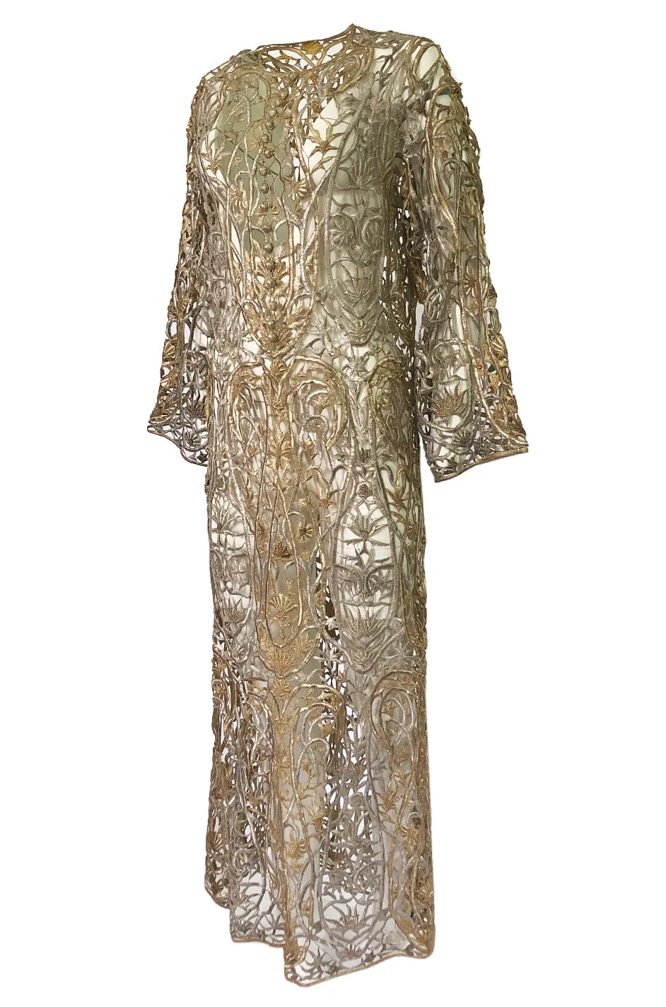 1960s Unlabeled Couture Heavy Metallic Gold & Silver Thread Caftan