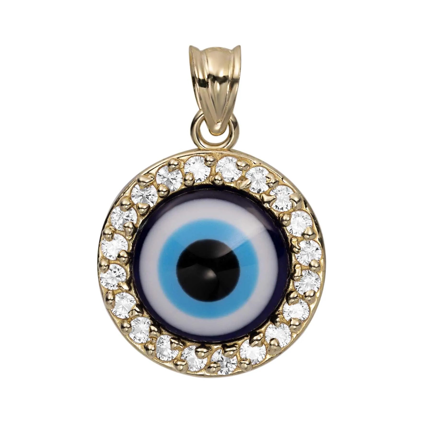 1" CZ Round Evil Eye Charm Pendant Solid 10K Yellow Gold