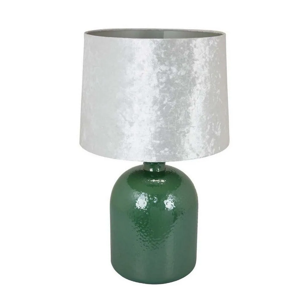 27 Inch Table Lamp, Drum Shade, Round Drop Shaped Glass Body, Green Finish By Casagear Home