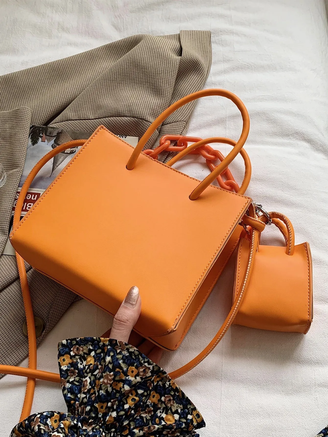 2pcs Neon Orange Satchel Bag Set