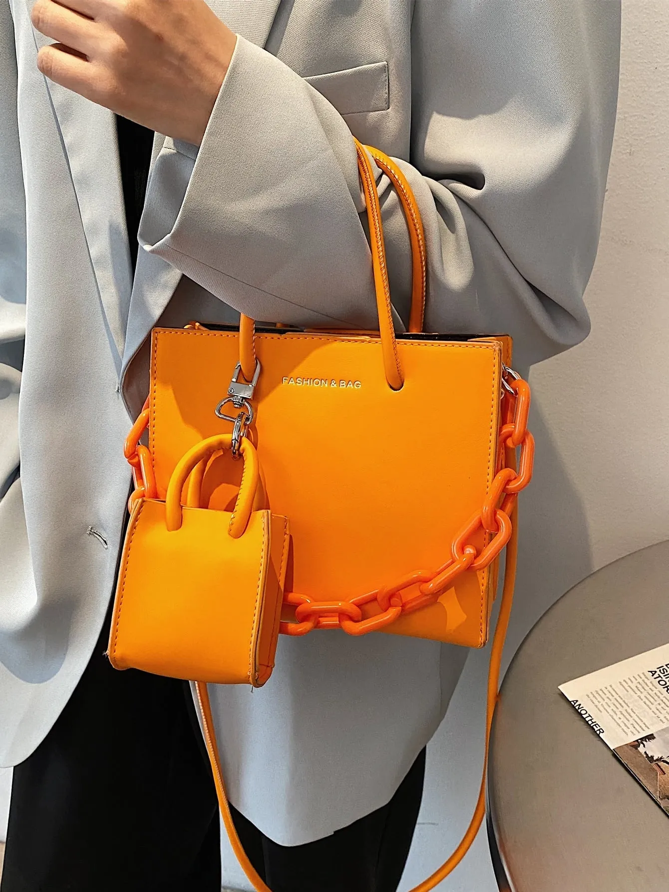 2pcs Neon Orange Satchel Bag Set