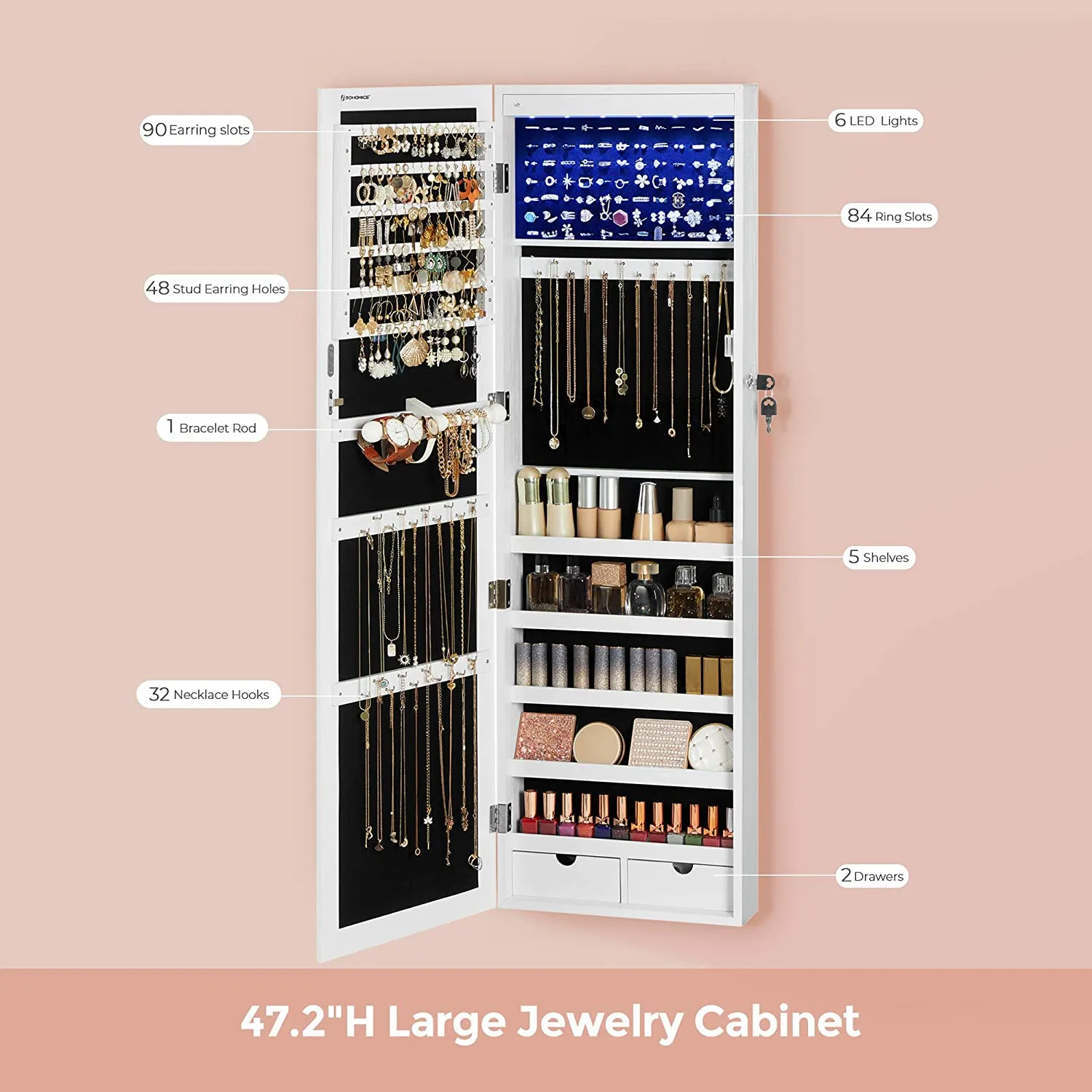 47" H Full Screen Mirror Hanging Jewelry Cabinet