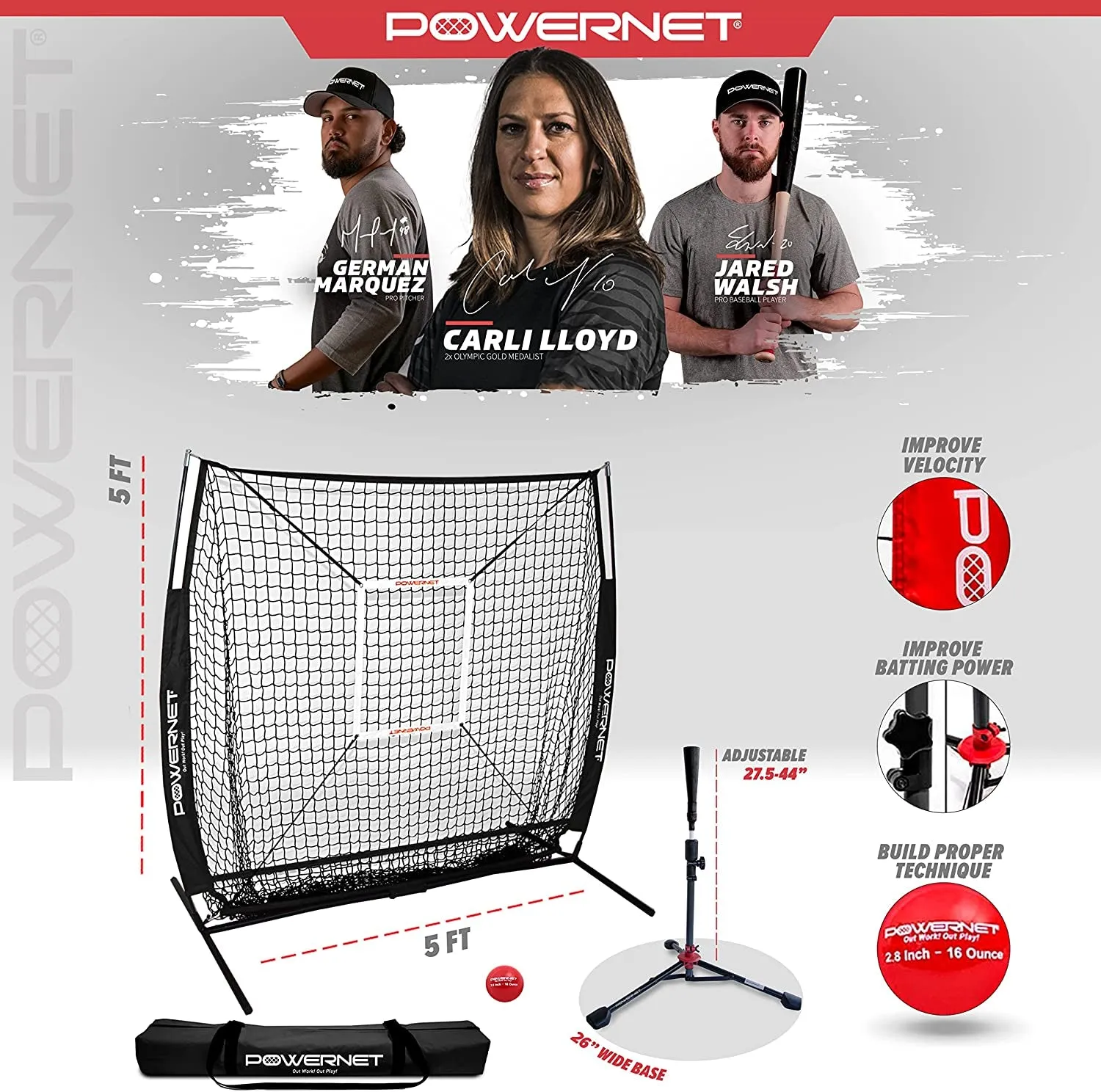 5X5 Practice Net   Deluxe Tee   Strike Zone   Weighted Training Ball Bundle | Baseball Softball Pitching Batting Coaching | Work on Pitch Accuracy | Build Confidence at the Plate