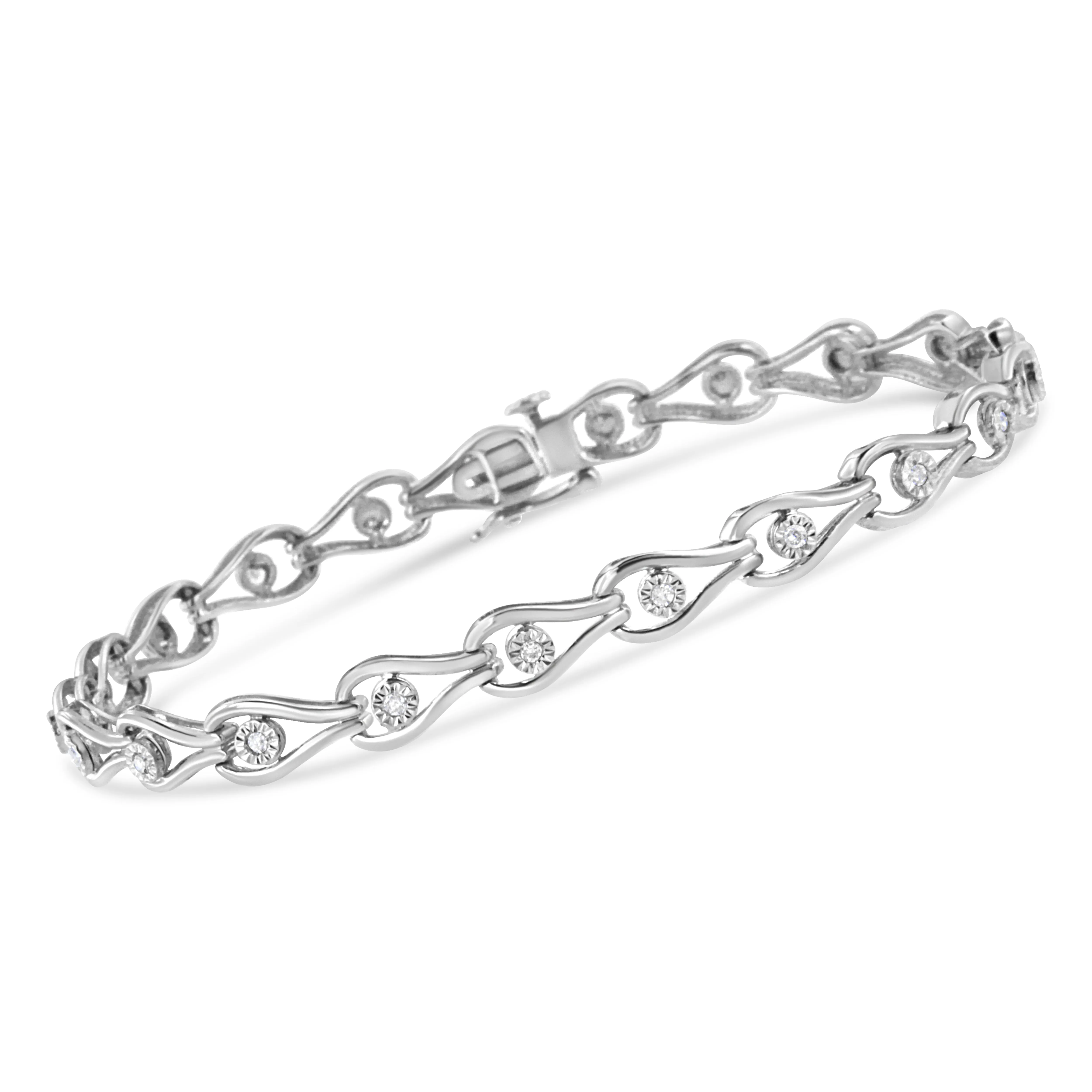 .925 Sterling Silver 1/10 Cttw Miracle-Set Diamond Pear Shape and Bezel Link Bracelet