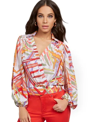 Abstract-Print Wrap Blouse