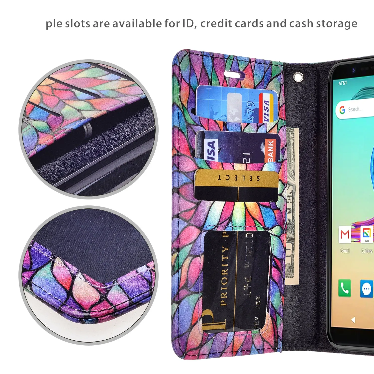 AT&T Fusion Z / Motivate Case, AT&T Fusion Z / Motivate Wallet Case, Wrist Strap Pu Leather Wallet Case [Kickstand] with ID & Credit Card Slots - Rainbow Flower