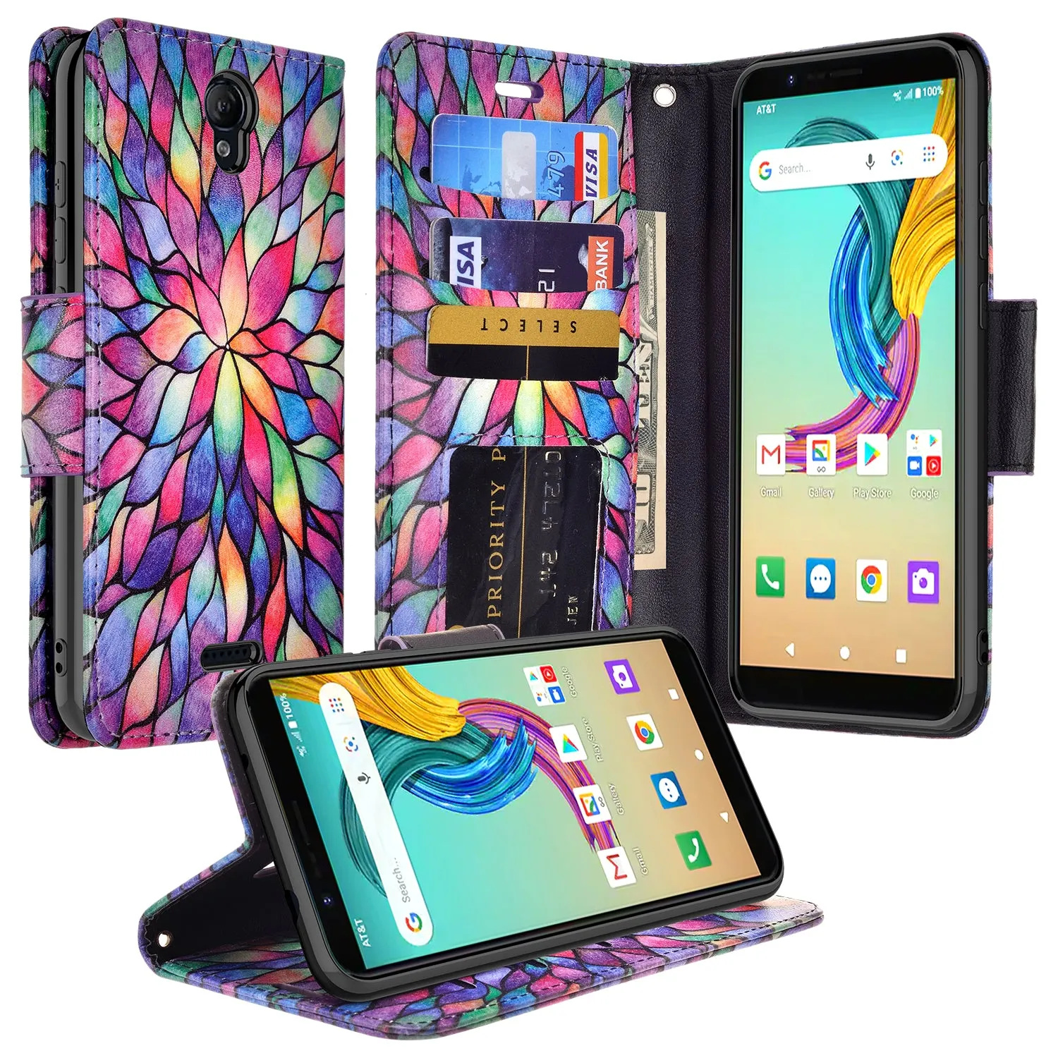 AT&T Fusion Z / Motivate Case, AT&T Fusion Z / Motivate Wallet Case, Wrist Strap Pu Leather Wallet Case [Kickstand] with ID & Credit Card Slots - Rainbow Flower