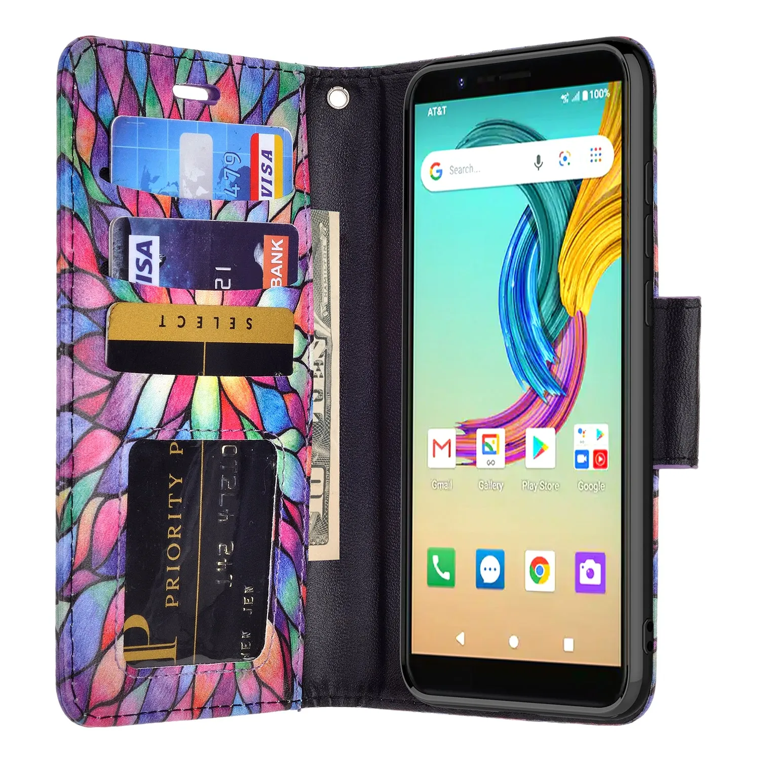 AT&T Fusion Z / Motivate Case, AT&T Fusion Z / Motivate Wallet Case, Wrist Strap Pu Leather Wallet Case [Kickstand] with ID & Credit Card Slots - Rainbow Flower