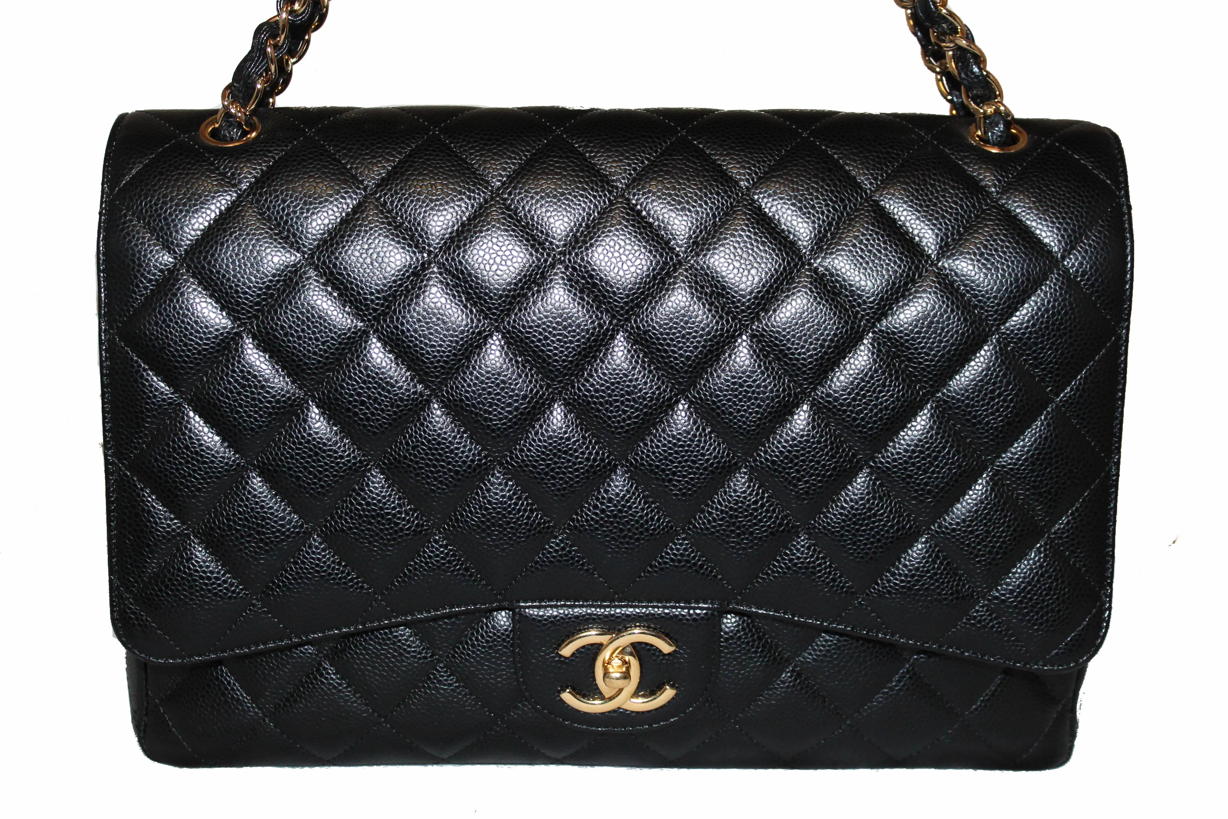 Authentic Chanel Black Quilted Caviar Leather Maxi Double Flap Bag