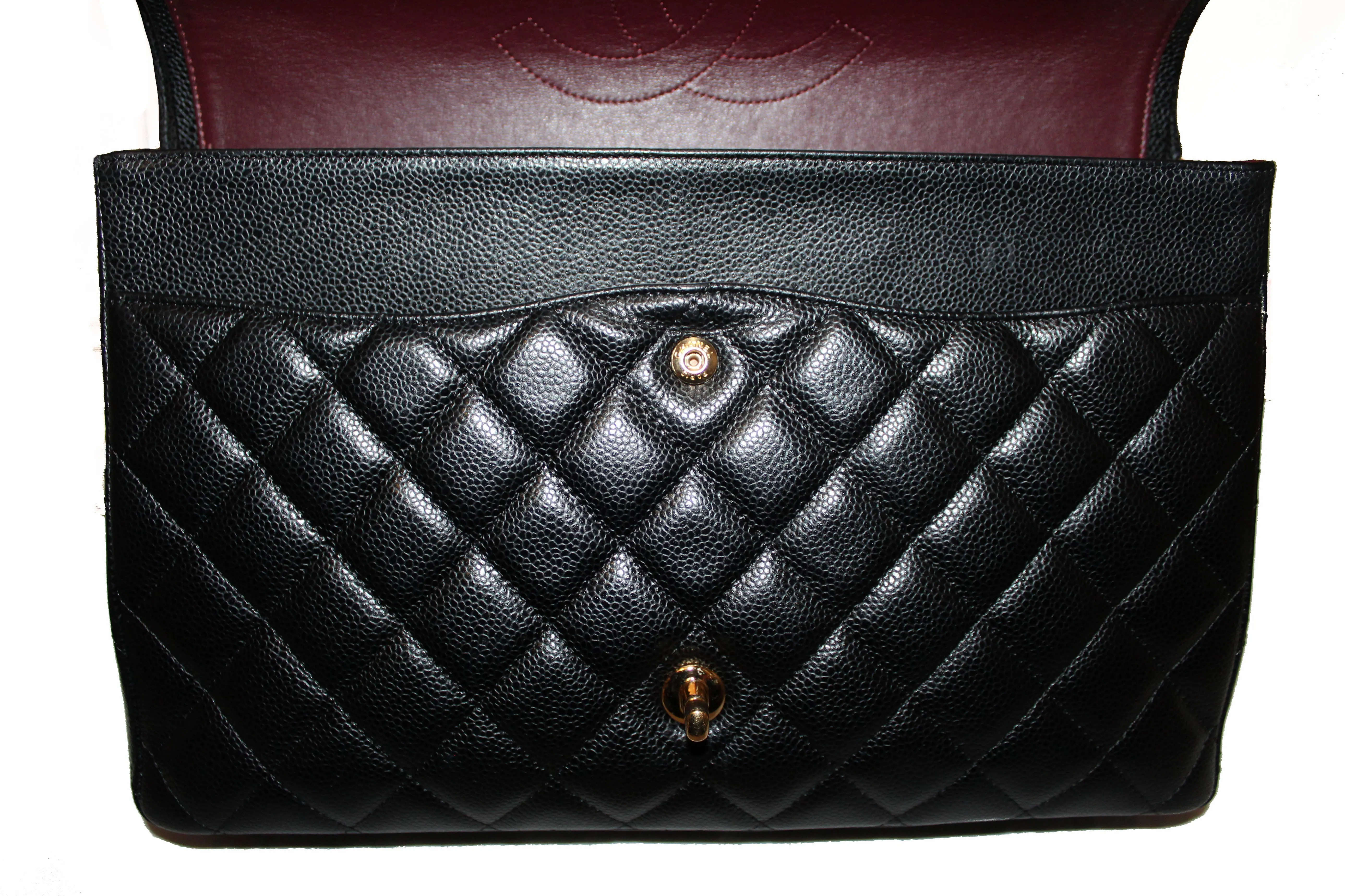 Authentic Chanel Black Quilted Caviar Leather Maxi Double Flap Bag