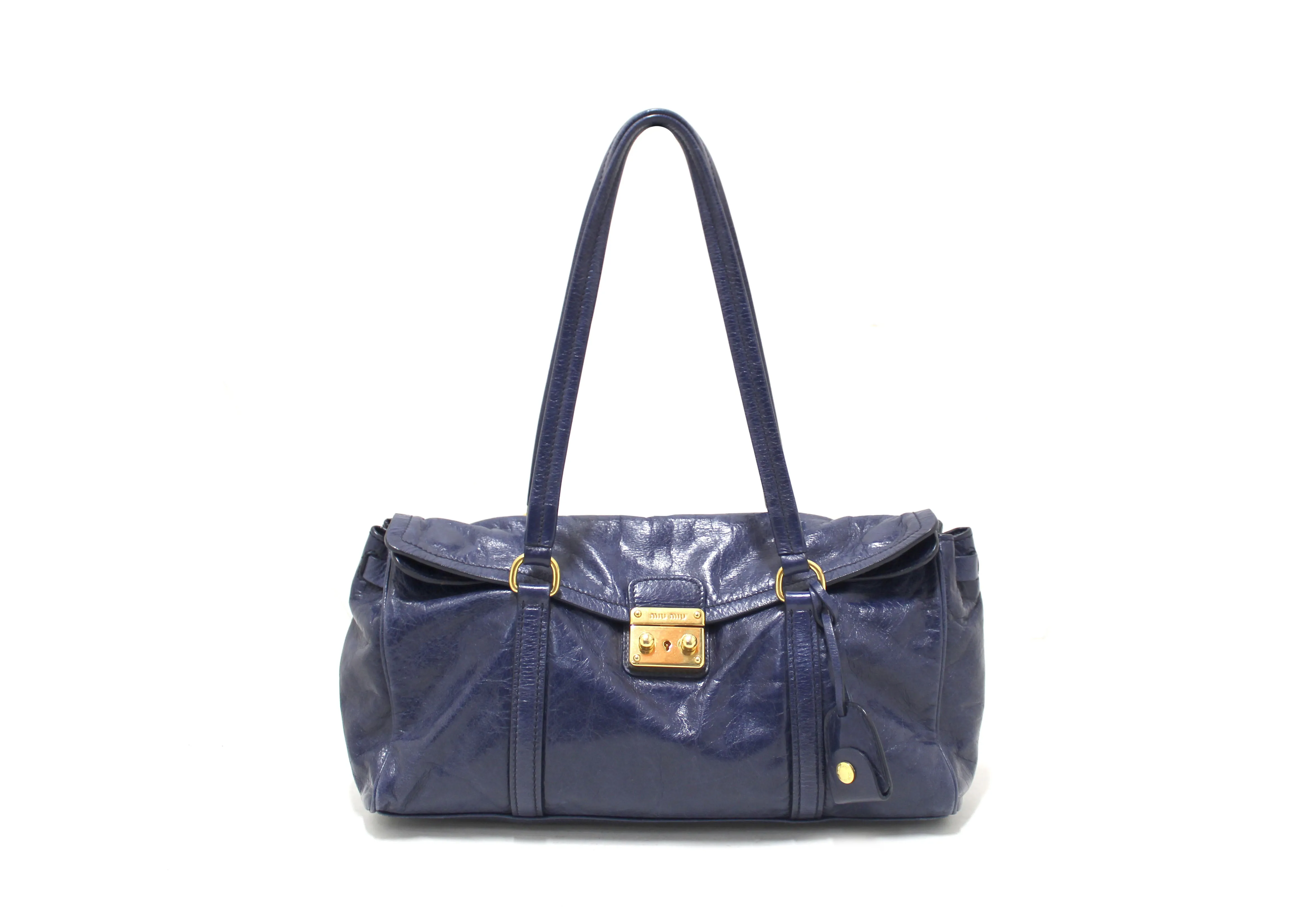 Authentic Miu Miu Blue Vitello Shine Leather Push Lock Flap Shoulder Tote