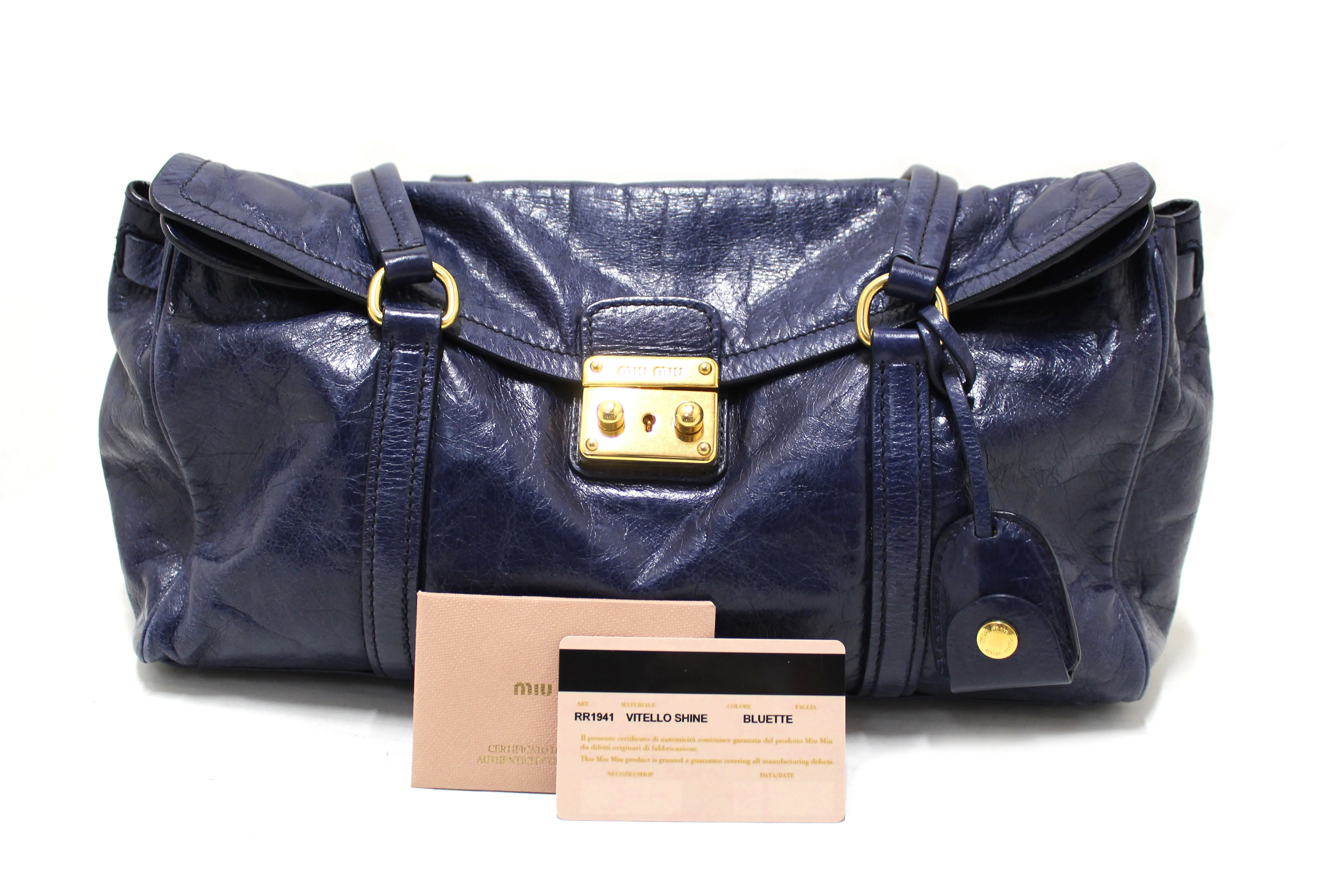 Authentic Miu Miu Blue Vitello Shine Leather Push Lock Flap Shoulder Tote