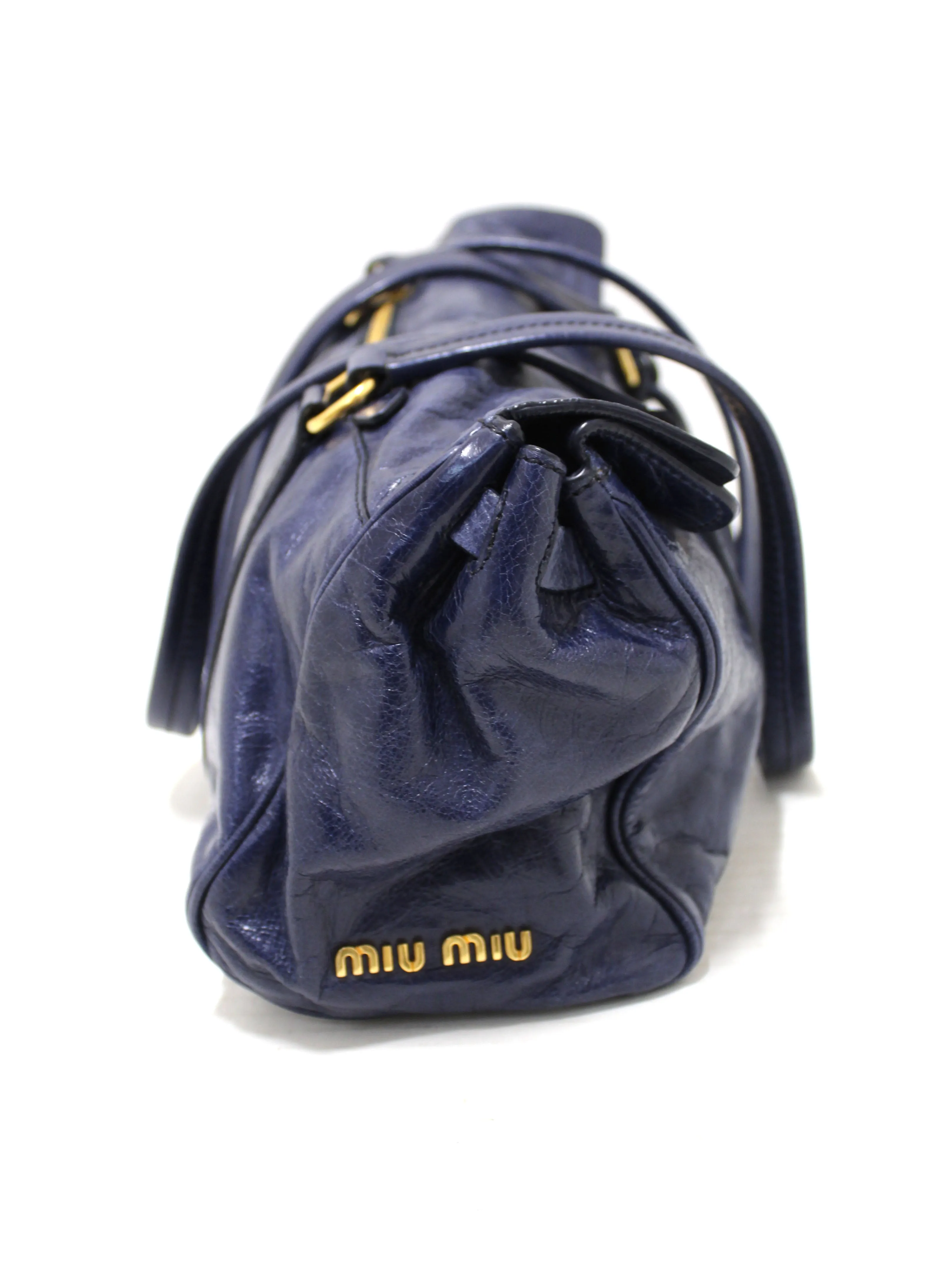 Authentic Miu Miu Blue Vitello Shine Leather Push Lock Flap Shoulder Tote