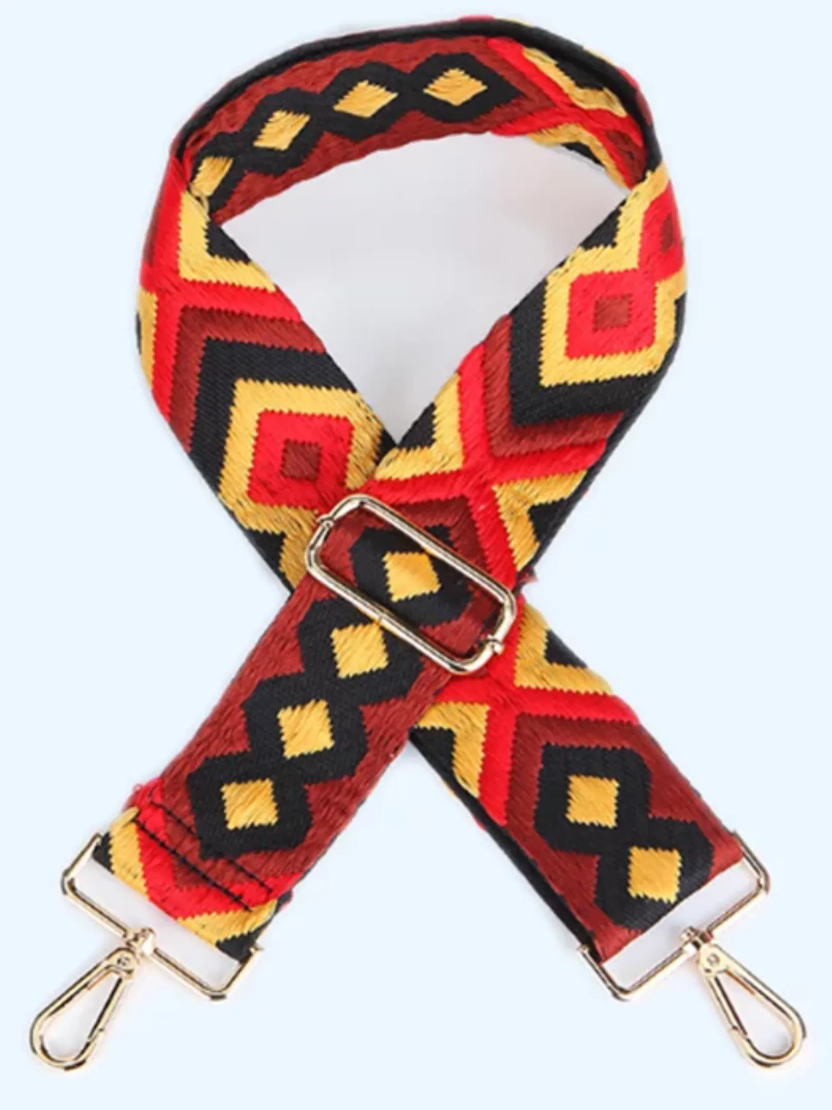 AZTEC BAG STRAP- Red/Burgundy/Yellow/Blk Mix - Gold hardware