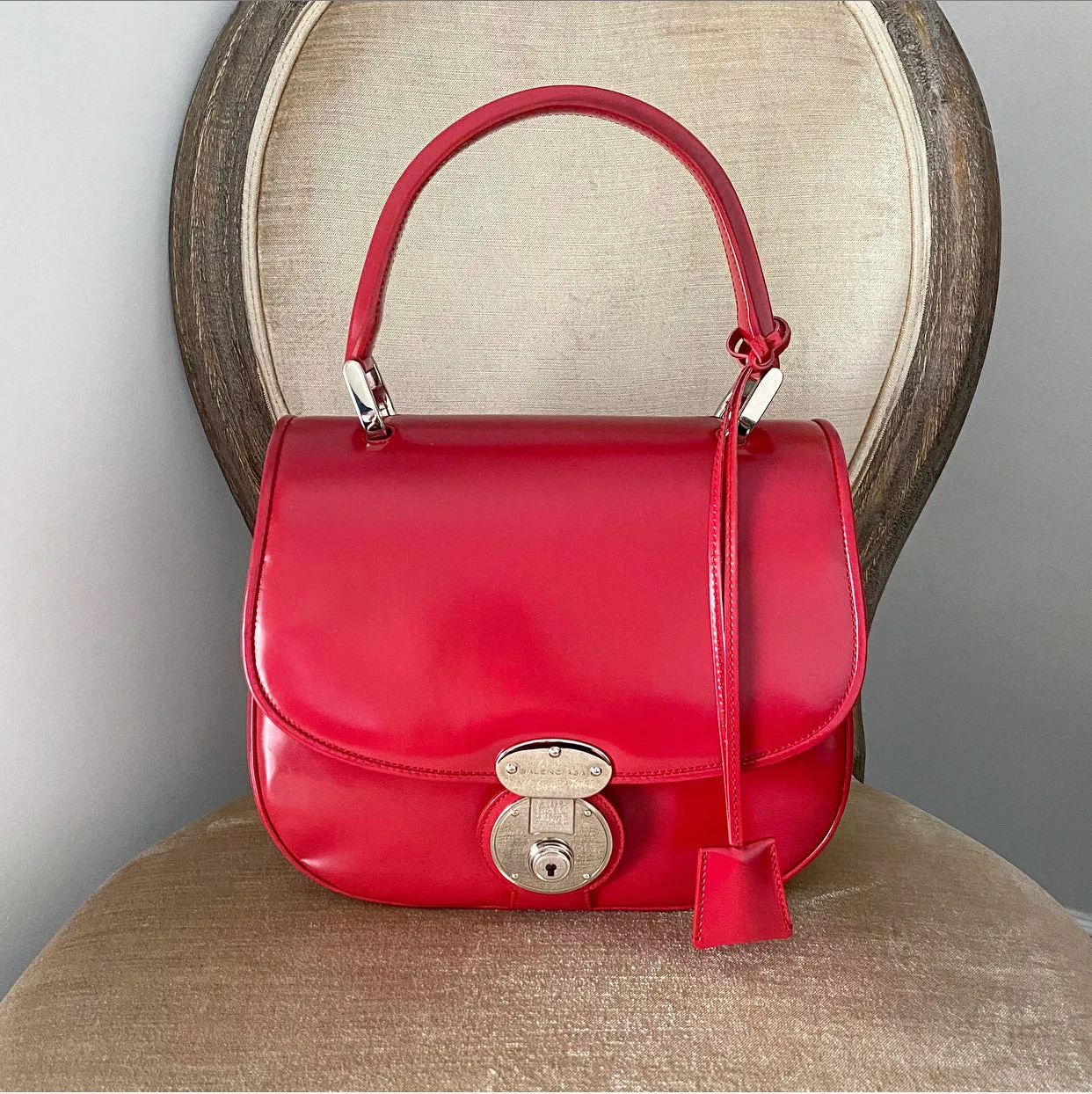 Balenciaga Red Glossy Leather Push Lock Hand Bag