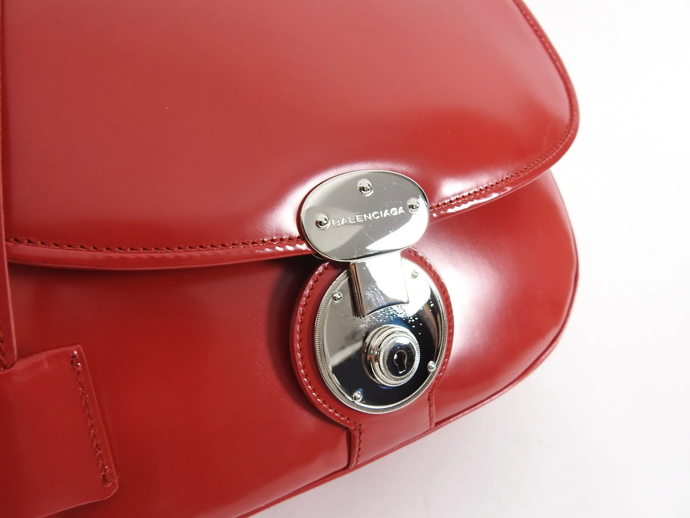 Balenciaga Red Glossy Leather Push Lock Hand Bag