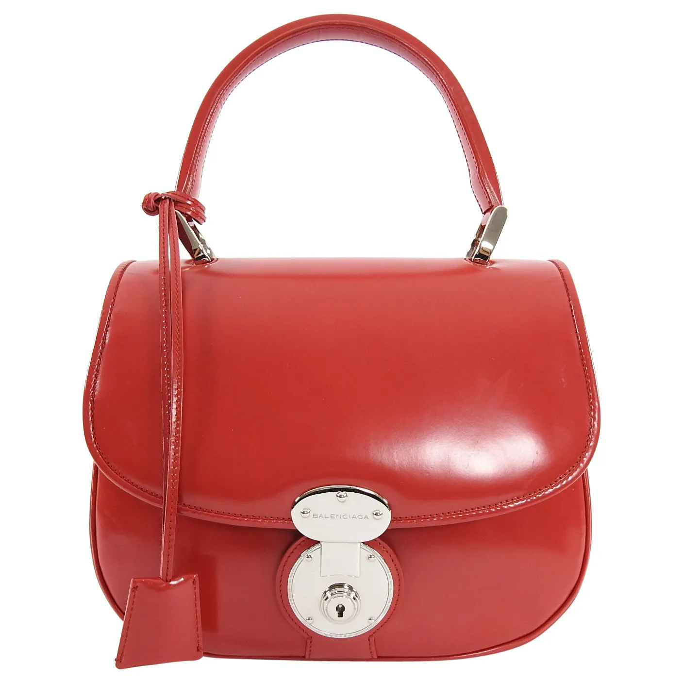 Balenciaga Red Glossy Leather Push Lock Hand Bag