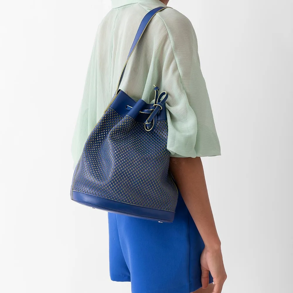 Bella Leather Bucket Bag - Blue Perforated