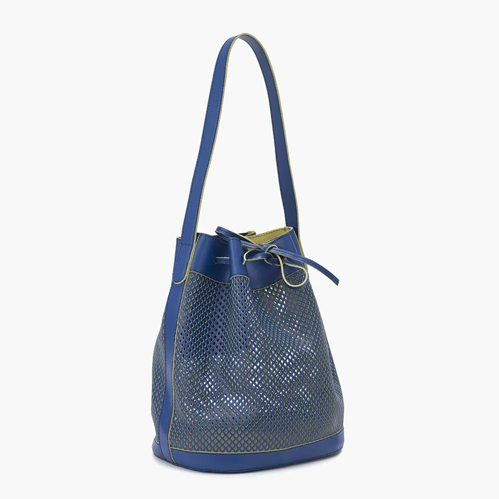 Bella Leather Bucket Bag - Blue Perforated