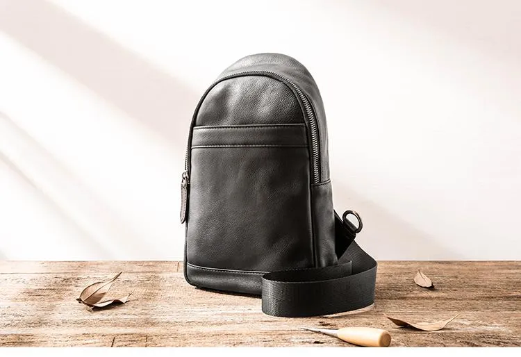 Black Casual Leather Mens Sling Bag Chest Bags Black One Shoulder Backpack Sling Pack for Men