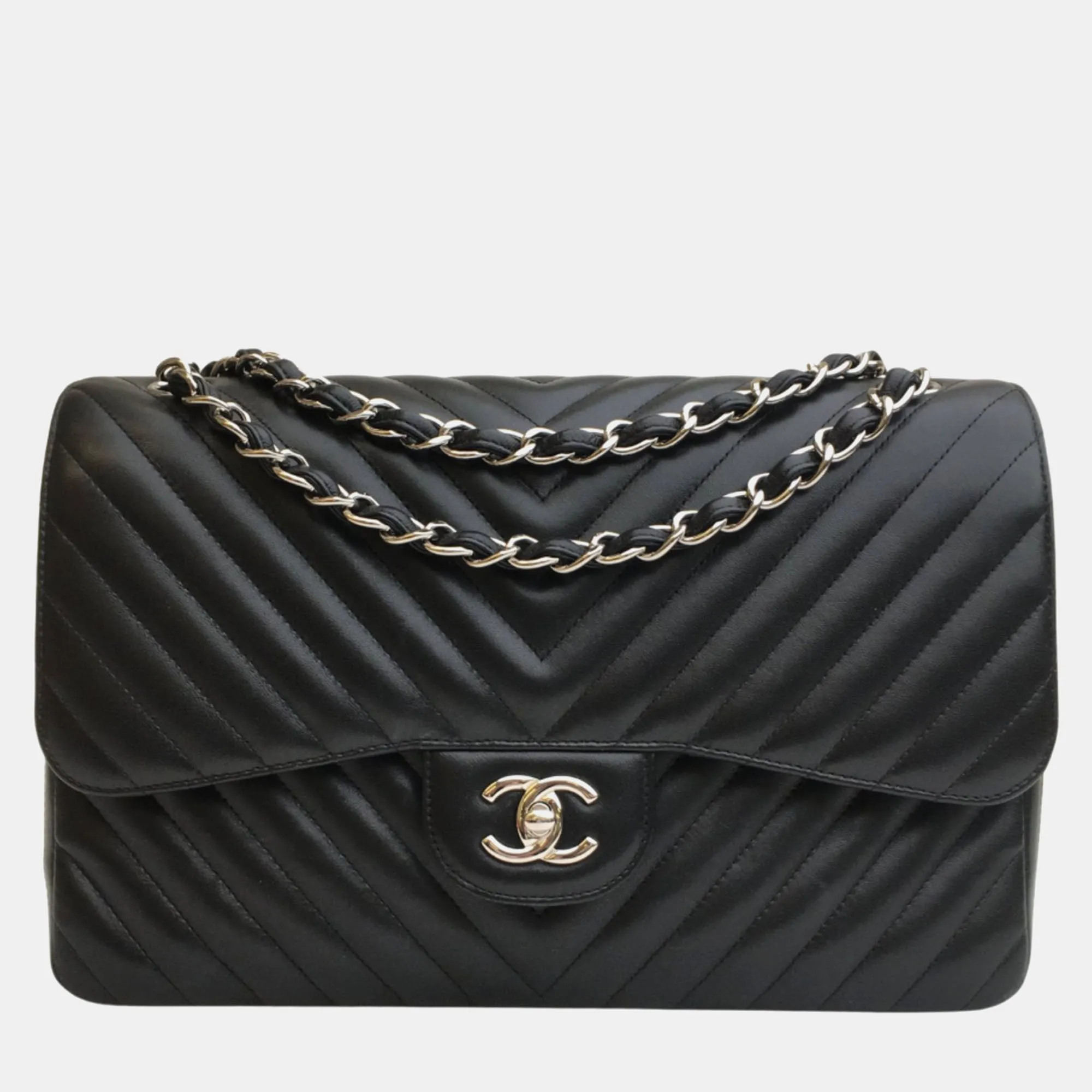 Black Leather Chevron JUmbo Classic Double Flap Shoulder Bag