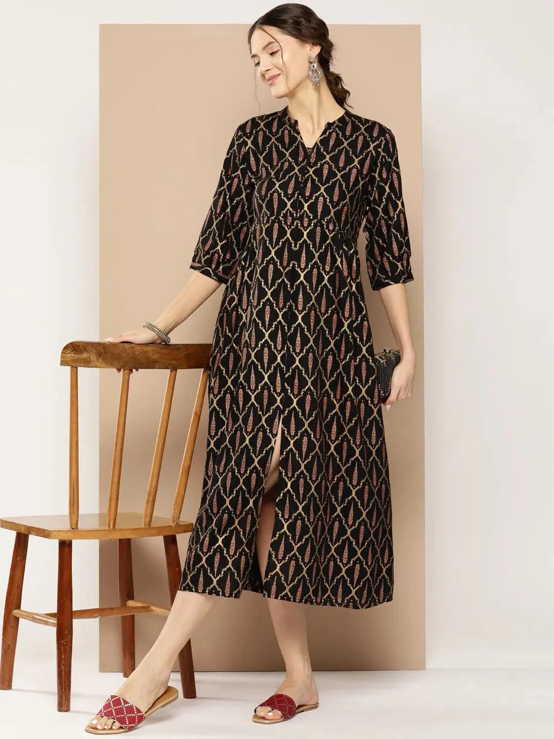 Black Printed Rayon Fit and Flare Dress