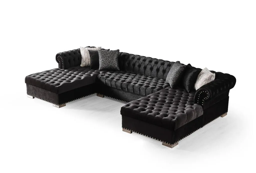 Black Velvet Tufted U Shaped Sectional- Includes Throw Pillows - Model Jordan