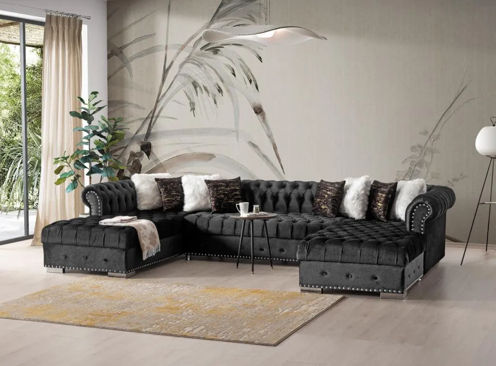 Black Velvet Tufted U Shaped Sectional- Includes Throw Pillows - Model Jordan