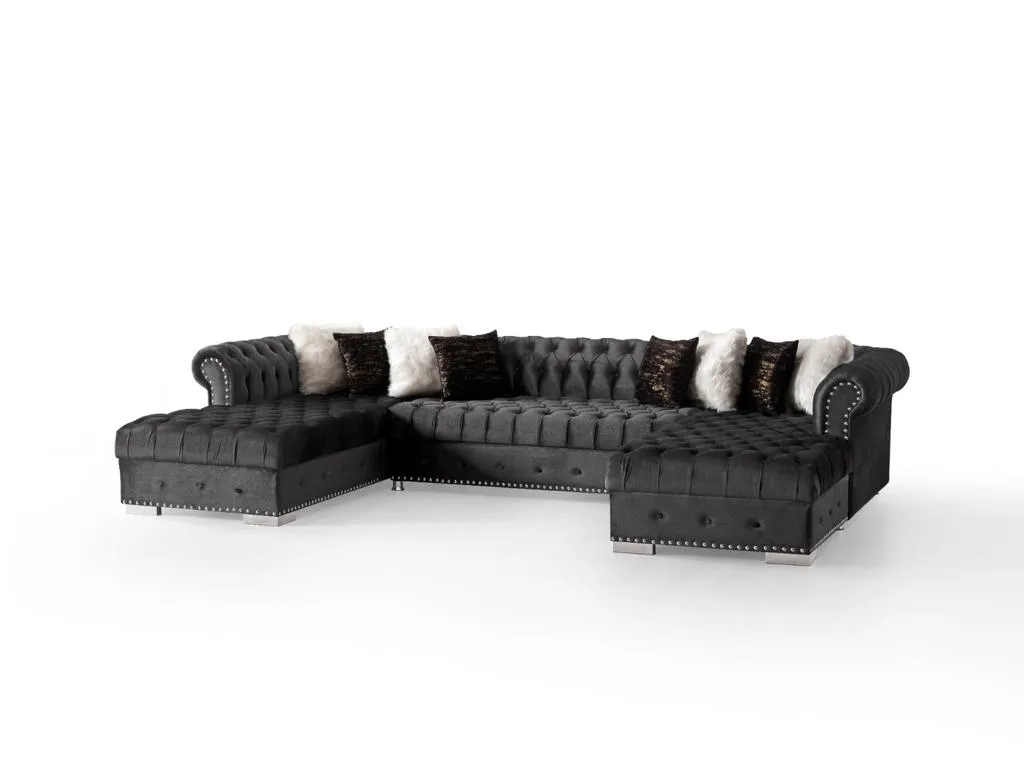 Black Velvet Tufted U Shaped Sectional- Includes Throw Pillows - Model Jordan