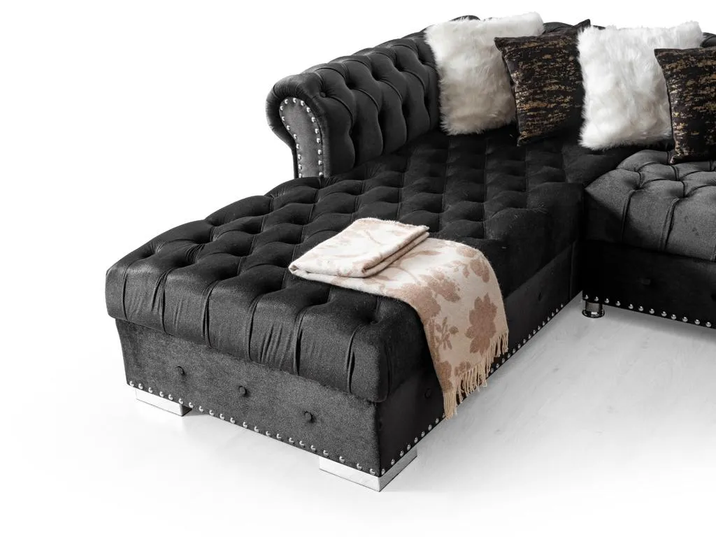 Black Velvet Tufted U Shaped Sectional- Includes Throw Pillows - Model Jordan