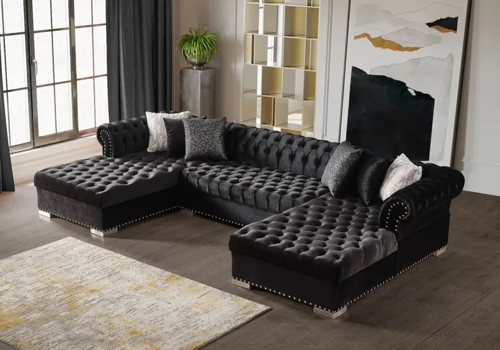 Black Velvet Tufted U Shaped Sectional- Includes Throw Pillows - Model Jordan