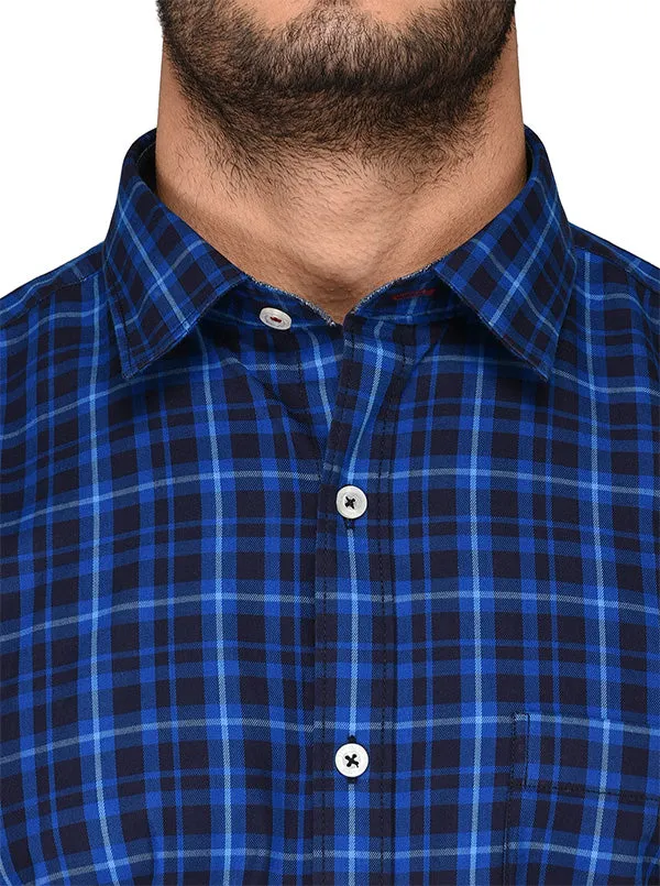 Blue & Black Checked Slim Fit Casual Shirt | JadeBlue