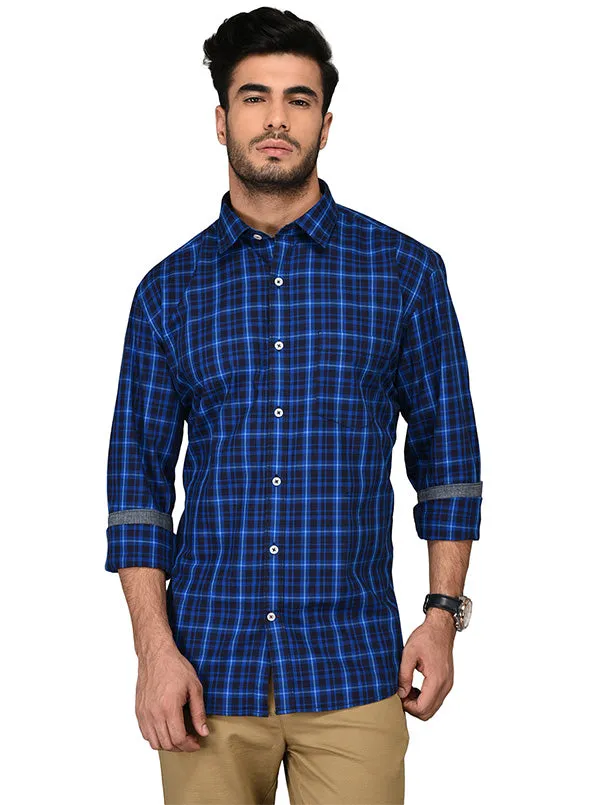 Blue & Black Checked Slim Fit Casual Shirt | JadeBlue