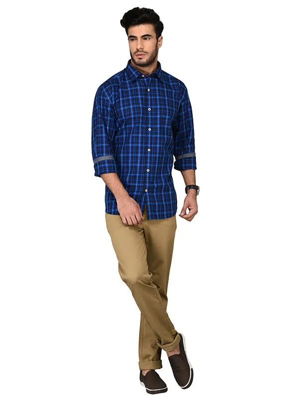 Blue & Black Checked Slim Fit Casual Shirt | JadeBlue