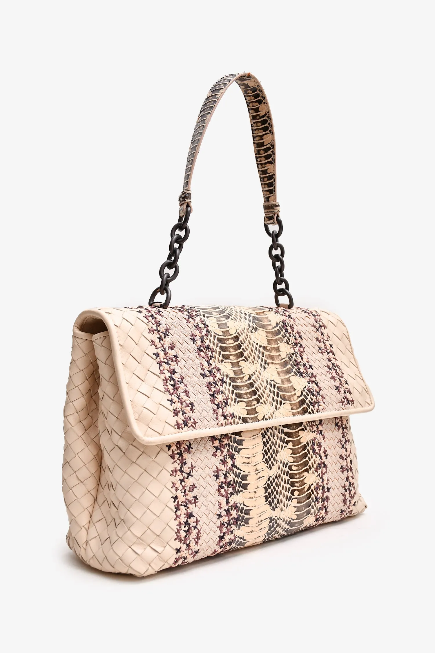 Bottega Veneta Beige Intrecciato Snakeskin Trim Olimpia Shoulder Bag