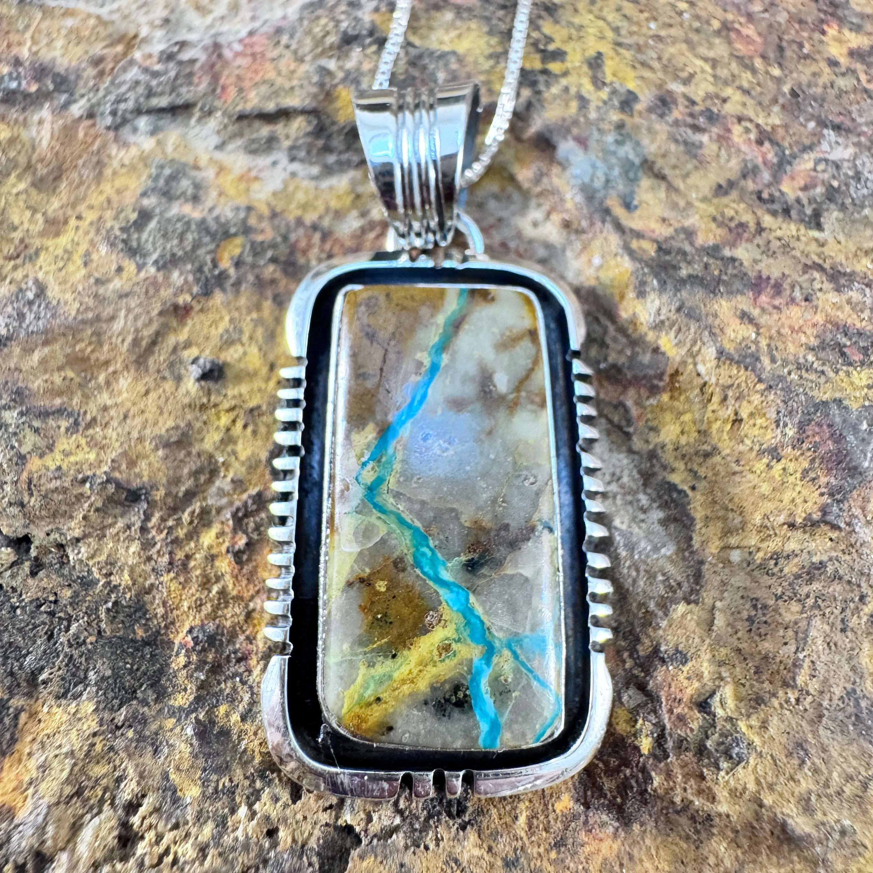 Boulder Ribbon Turquoise Sterling Silver Pendant by Wil Dentedale