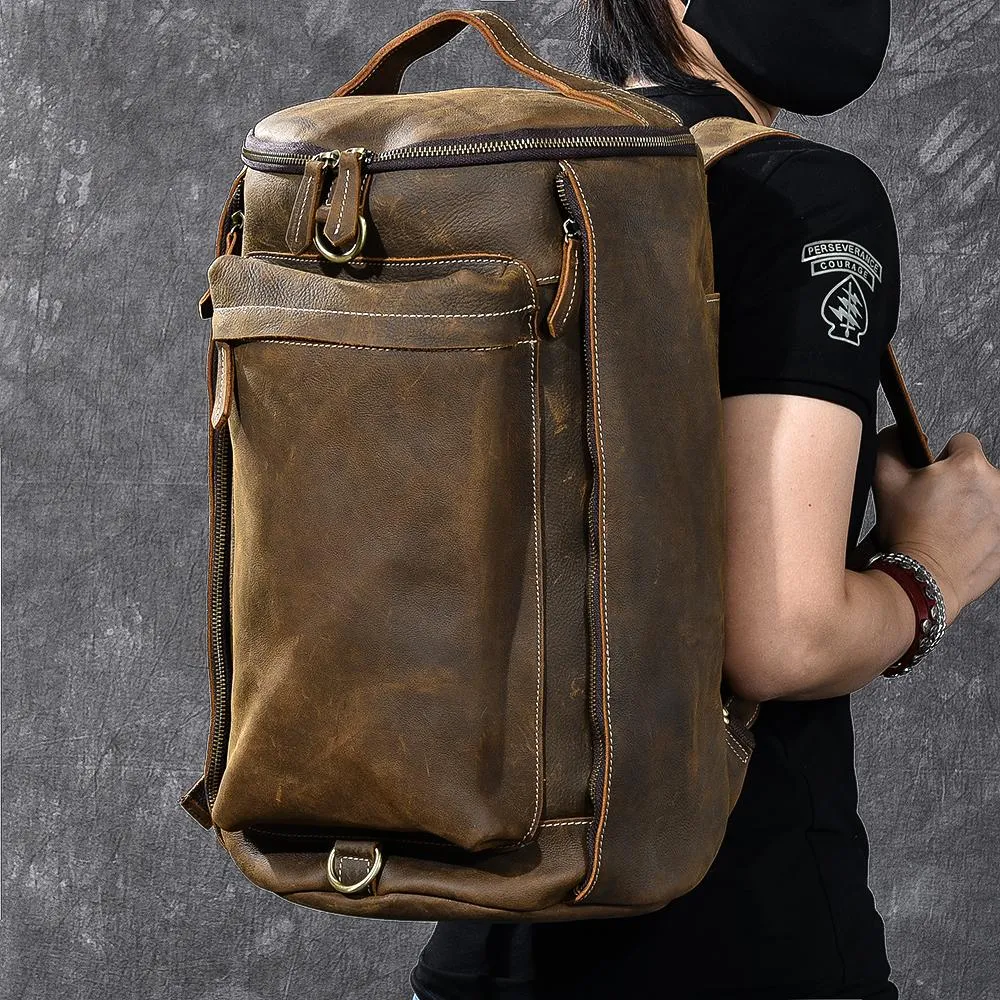 Brown Leather Mens 15" Laptop Backpack Hiking Backpack Travel Backpack Crossbody Bag for Men