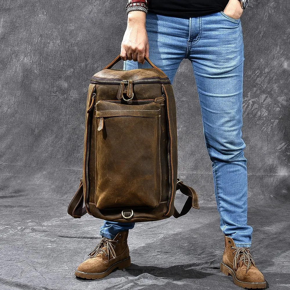 Brown Leather Mens 15" Laptop Backpack Hiking Backpack Travel Backpack Crossbody Bag for Men