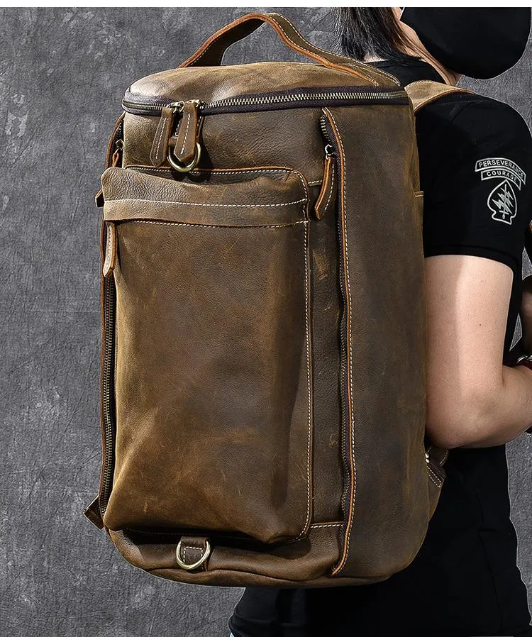 Brown Leather Mens 15" Laptop Backpack Hiking Backpack Travel Backpack Crossbody Bag for Men